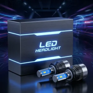 Custom LED Bulb Box Dark Themed Packaging with Blue Tech Glow Accent for High End Auto Accessory Car Tuning