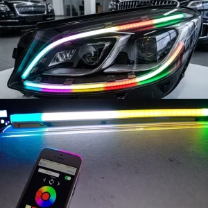 Daytime Running Light Turn Signal Brake Flow Multi mode Magic Color Water Flow Light RGB Guide Light Bar Led Headlight Strip APP