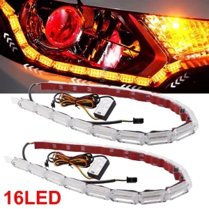 Dual-Color LED Crystal DRL Lamp Universal Daytime Running Light Strip White Yellow Flowing Turn Signal Car Lighting