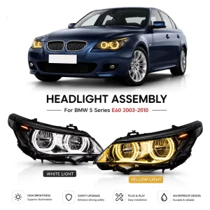 Dual-color Angel Eyes LED Headlight Assembly with M5-Style Daytime Running Lights for BMW 5 Series E60 Models