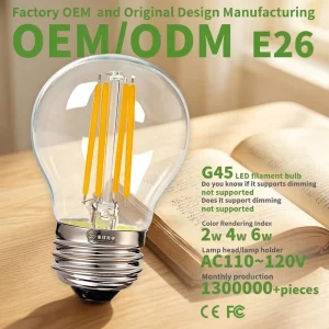E26 AC 110V G45 Edison LED Filament Bulb Non-dimmable Transparent Plastic Shade Ra80 CRI 3000K Warm Light CE FCC Certified