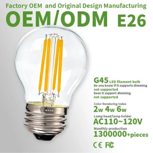 E26 AC 110V G45 Edison LED Filament Bulb Non-dimmable Transparent Plastic Shade Ra80 CRI 3000K Warm Light CE FCC RoHS Certified
