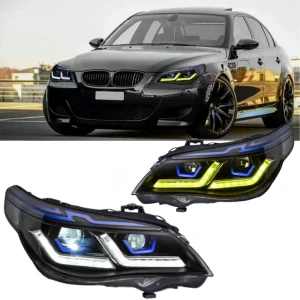 E60 Headlight Upgrade for BMW 5 Series 523i 530i Angel Eye LED Head Lamps Yellow DRL Hid Bi Car Lights Modified