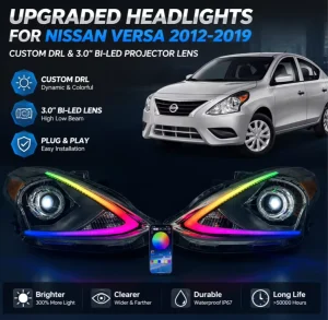 Factory Custom Headlight Assembly for Nissan Versa Bi LED Projectors Lens with RGB DRL Daytime Running Light by App Control