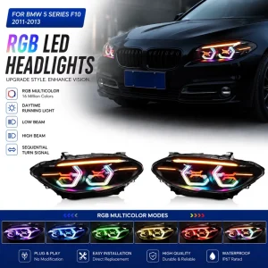 For 5 Series F10 F18 Headlight Assembly 12V New Upgrade RGB 7 Color DRL Sequential Turn Signal Bi LED Projector