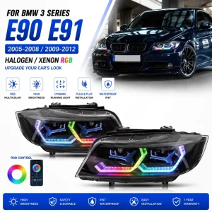 For BMW 3 Series E90 Headlight Assembly Upgrade RGB 7-Color DRL Sequential Turn Signal Bi-LED Projector