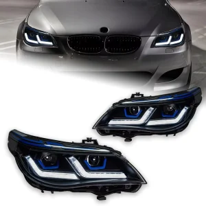 For BMW 5 Series E60 Headlight Assembly Angel Eyes LED DRL Bi LED Projector Lens Sequential Turn Signal Upgrade