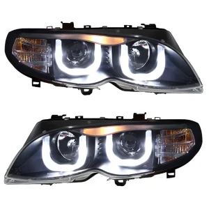 For BMW E46 3 Series Bi-LED Projector Headlight With U-Shape Angel Eyes DRL DOT Black Housing Headlamp Assembly Pair