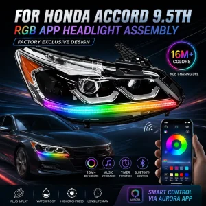 For Honda Accord 9.5 RGB LED Headlight Assembly APP Control DRL Projector Headlamp Retrofit Kit