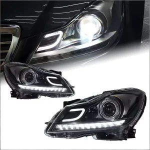 For Mercedes Benz C Class W204 12V LED Projector Headlight Assembly with Flowing Turn Signal & Daytime Running Lights