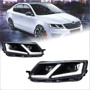 For Skoda Octavia 12V 35W Headlight Assembly Modification Dual L Shaped LED Lens Sequential Turn Signals One Million