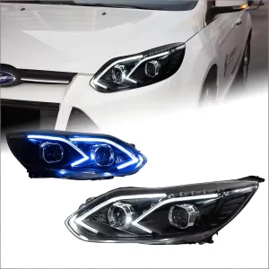 Fox 12-14 Models Modified One-Stroke Blue Flowing Light Headlight Assembly Focus 3 12V 30W 10M LED Lens Daytime Running