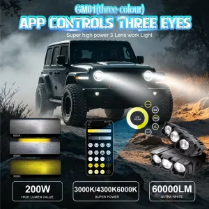 GM01 60000LM 200W LED Grille Light APP Control Triple Color Spotlight IP68 Waterproof Off-Road Driving Lamp for SUV