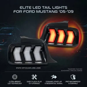 HCMOTIONZ LED Tail Lights for Ford Mustang Clear 6 Types of Turn signal Modes Rear Lamps Assembly