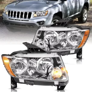 Headlights Assembly Compatible with Jeep Grand Cherokee Compass Halogen Replacement OE Headlight NOT FIT HID