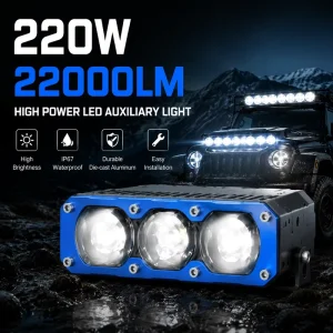 High Power LED Work Light 220W 22000LM 3 Lens Off Road Driving Lamp Waterproof LED Light Bar for Truck SUV ATV