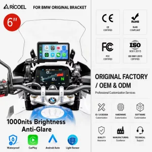 IP68 6 Inch 1000 Nits Wireless CarPlay Android Auto Screen with Wonder Wheel Support for BMW R1250GS R1300GS Motorcycle