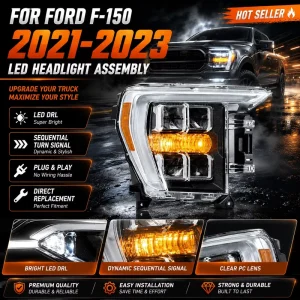 JC Upgrade Factory Full LED Headlight Turn Signal Car Headlight 2021 2022 2023 for Ford F150 F-150 Car Lamp to Raptor Style