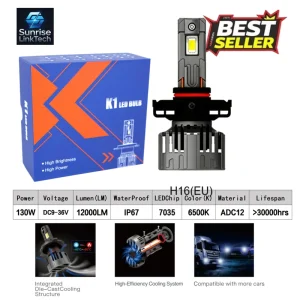 K1 Car LED Headlights H16EU 12V 130W 12000LM 6500K IP67 Waterproof Copper Tubes Canbus Plug & Play, Universal Fitment, FCC