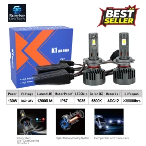 K1 Car LED Headlights H18 12V 130W 12000LM 6500K IP67 Waterproof Copper Tubes Canbus Plug Play, Universal Fitment