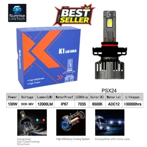 K1 Car LED Headlights PSX24 12V 24V 130W 12000LM 6500K IP67 Waterproof Copper Tubes Canbus Plug & Play, Universal Fitment