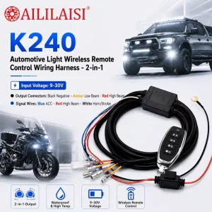 K240 2-in-1 Wireless Remote Control Cable Set for Car Motorcycle Truck Pickup Auxiliary Lights One-to-Two Wiring Harness 9-30V