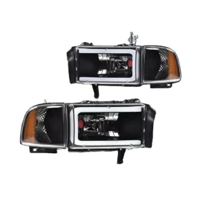 LED Light Strip Headlights W/o Bulbs 12V 65W Fit for 1500 2500 3500, Clear Lens Black Housing Amber