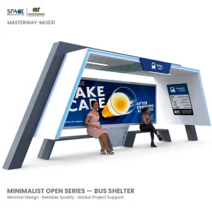 Modern City Bus Shelter Aluminum Frame with LED Light Strip and Advertising Billboard