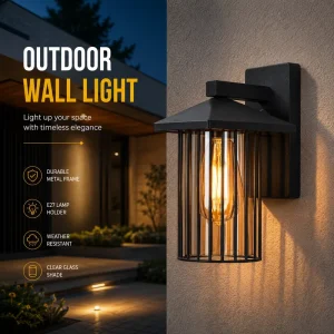 Modern Outdoor Wall Lantern with Vertical Wire Cage for Porch Lighting
