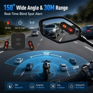 Motorcycle Blind Spot System 24GHz Radar Sensor IP67 Waterproof LED Alert 150° Wide Angle 30M Long Range Kit