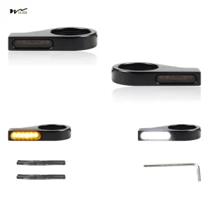 Motorcycle Front Fork LED Turn Signals Universal Sequential Switchback Running Lights 12V Amber Blinkers W Mounting Bracket Fit