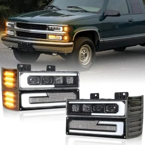 OVOVS LED Headlights Welcome DRL Turn Signal Amber Front Side Marker Lights for Chevy C K 1500 2500 3500 Silverado