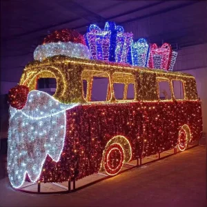 Outdoor Waterproof 3D Christmas Light Sculpture Santa Bus LED Motif Light Commercial Christmas Bus LED Light with Gift Boxes