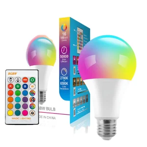 RGB CCT Smart LED Bulb E27 Warm Light Globe with Remote Control Aluminum & Plastic Body AC Power Certified ROHS for Office Use