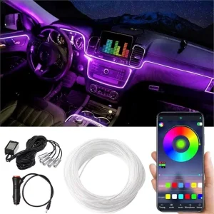 RGB Fiber Optic EL Wire Smart Music Sync Rhythm Strobing Electroluminescent Remote Interior Neon Light Auto Interior Lighting