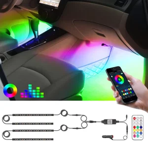 RGB LED Car Interior Strip Lights with Remote and APP Control 15 LEDs Per Strip for 12V Cars & Trucks