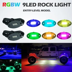 RGBW 9Led Entry Level Rock Lights Pods Underglow Car Running Strobe Play & Plug for Trucks ATV UTV SUV Off Road Systems
