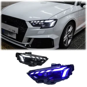 RS3 Style 6000K LED Headlights for Audi A3 DRL Plug and Play with Sequential Turn Signal Blue