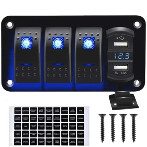 RV Control Panel Switch with 4.2A USB Fast Charger Socket and Voltmeter 12V-24V Automotive Triple Rocker Switch Panel for Boat Car