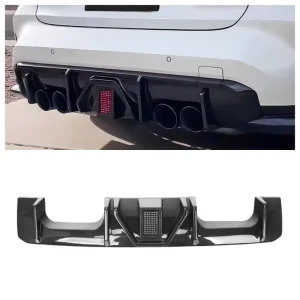 Real Carbon Fiber Rear Bumper Diffuser With LED Light for BMW M3 G80 4 door M4 G82 G83 2 door Square Lamp Rear Diffuser