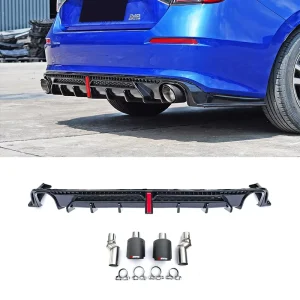 Rear Bumper Lip Diffuser with Carbon Fiber Exhaust Tips LED Light Body Kit for Honda Civic 11th Gen Tuning Set Combo