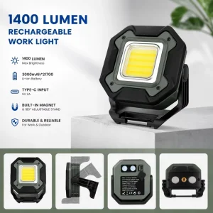Rechargeable COB LED Work Light 1400LM 6000mAh Power Bank 3 Color Modes CRI 90 Magnetic Inspection Lamp for Mechanic Camping