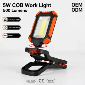 Rechargeable Work Light 500lm COB LED with Strong Clip 360° Rotation Lighting for Car Repair Garage Mechanic Inspection Lamp