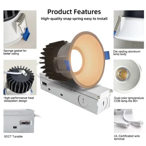 Regressed Anti Glare 2 Inch LED Pot Light Thin Trim Design 5CCT Tunable Multiple Beam Angle Recessed Ceiling Fixture