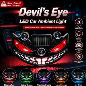Solar LED Car Ambient Warning Light Smart Vibration Light Sensor Auto Interior Atmosphere Lamp Type C Dual Charging Universal