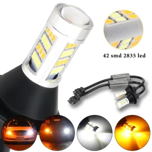 T20 1156 Bau15s LED 42LED Turn Signal Lamp DRL Universal White Amber Daytime Running Light Double Color