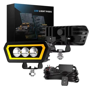 Trapezoid LED Auxiliary Pods with 4 Spot Lenses and Yellow Trim for Off Road ATV Heavy Duty Driving Lights