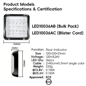 Truck Trailer LED Reverse Light 120x120mm Backup Lamp Waterproof 12V 24V