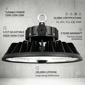 UFO LED High Bay Light 150W 120W 100W Selectable 22500LM 3 CCT Dimmable IP65 for Warehouse Factory Gym Shop