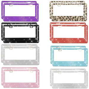 US Standard Bling License Plate Frame Sparkly Rhinestone Stainless Steel Car Tag Cover for Women 2 Holes